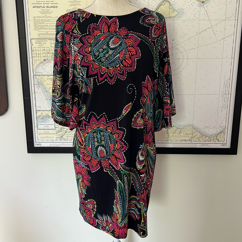 TRINA TURK Black Dress with Pink & Teal Floral Print. Excellent Condition